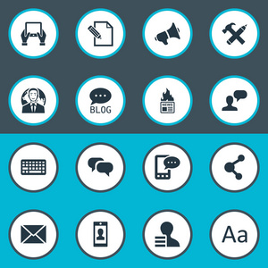 矢量图组的简单的博客图标。元素修复 小键盘 公报和其他同义词合同，智能手机和收益