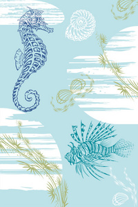 海马条狮子鱼珊瑚泉水和贝壳的插图