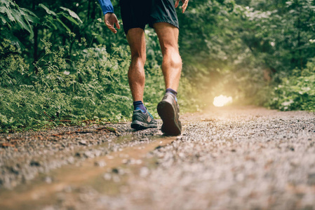 肌肉的犊牛的健康男性慢跑训练跨国家森林小道赛跑在雨中对自然教育径