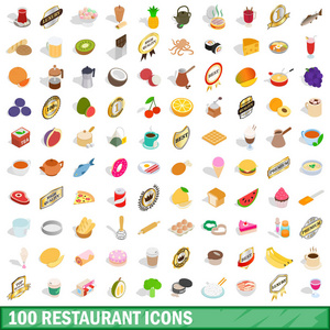 100 餐厅图标集，等距 3d 风格