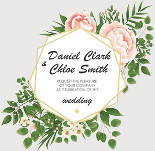 婚礼请柬模板有牡丹花和绿叶。rsvp 是一种现代的卡片设计。自然的, 植物学的, 优雅的矢量插图