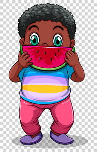 男孩在透明背景上吃西瓜
