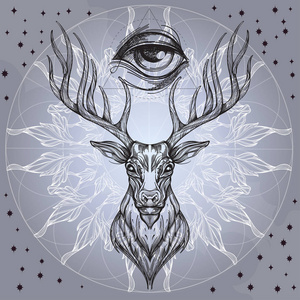 鹿头与装饰装饰品的叶子和所有看的眼睛.手绘, 素描风格.