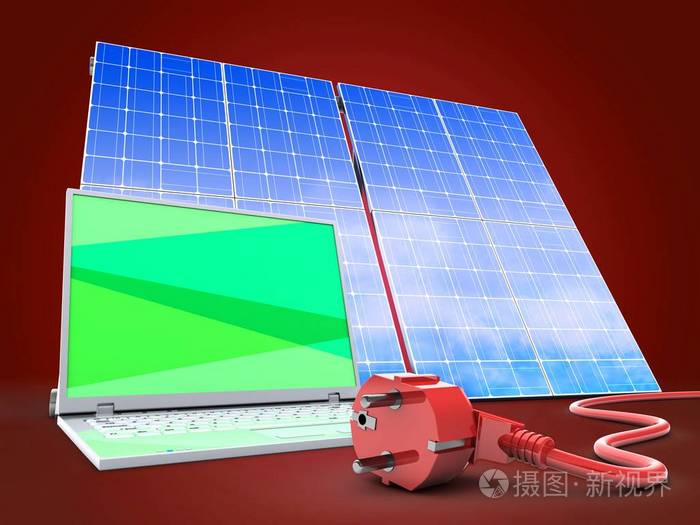3d. 带太阳能电池板和电源线的笔记本电脑在红色背景下的插图