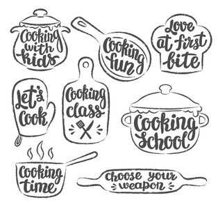 收集的垃圾轮廓烹饪标签或标志。手写文字, 书法烹饪矢量插画。厨师, 厨师, 厨房用具图标或标志