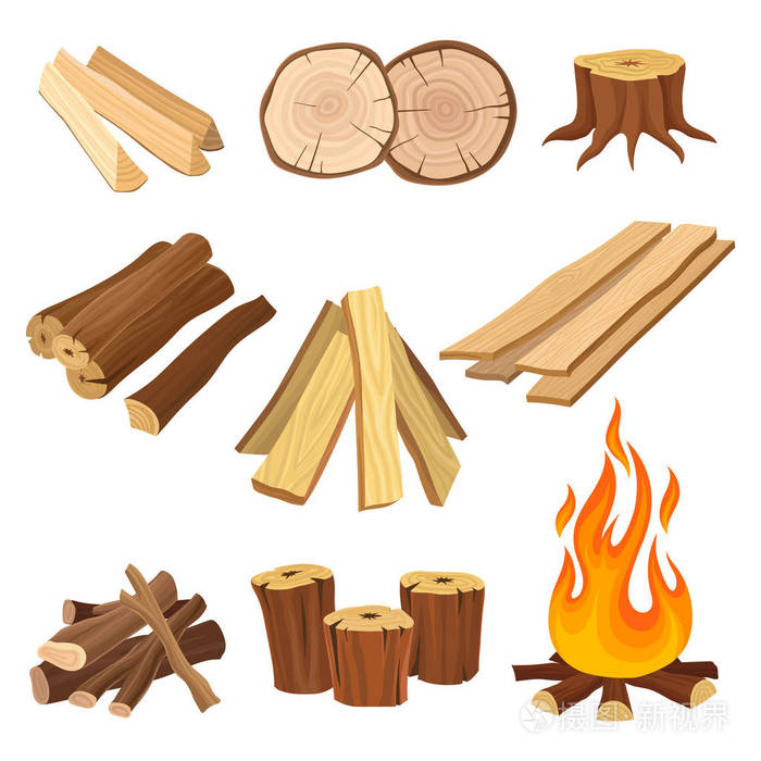 平的向量集的木柴.原木和火焰, 树桩, 木板.有机材料, 天然质地.