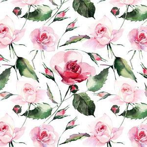 温柔精致可爱可爱的春天花卉草药植物红色粉状粉红色紫罗兰色玫瑰与绿叶图案水彩手素描。适合纺织