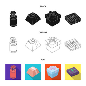 礼品盒带弓, 礼品袋。礼品和证书集合图标黑色, 平面, 轮廓样式矢量符号股票插画网站