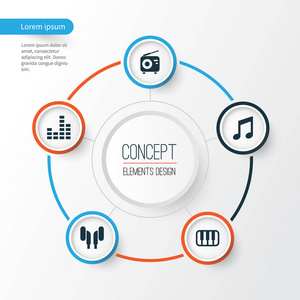 音频图标设置。八度音 均衡器 耳罩和其他元素的集合。此外包括 Fm 注意 耳机等符号
