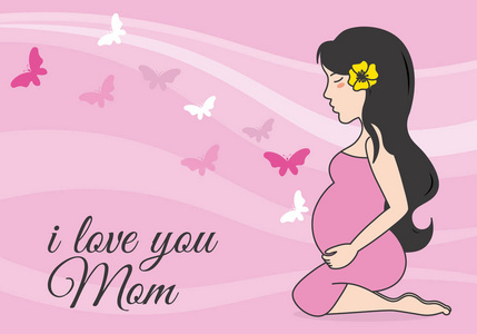 母亲节贺卡。孕妇。粉红色背景蝴蝶