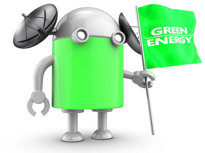 3d 绿色能量标志的机器人插图在白色背景下
