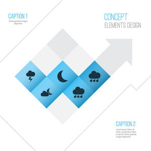 气候图标设置。闪电下, 着雨，月光和其他元素的集合。此外包括符号如雨，雨，爆发