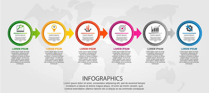 现代矢量插画3d。图表六个元素和箭头的圆圈模板。专为商务演示网页设计图6步而设计。概念逐步