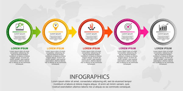 现代矢量插画3d。图表五个元素和箭头的圆圈模板。专为商务演示网页设计图5步而设计。概念逐步
