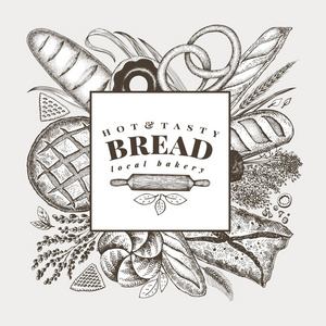 矢量烘焙手画插图。背景与面包和糕点。复古设计模板。可用于菜单包装