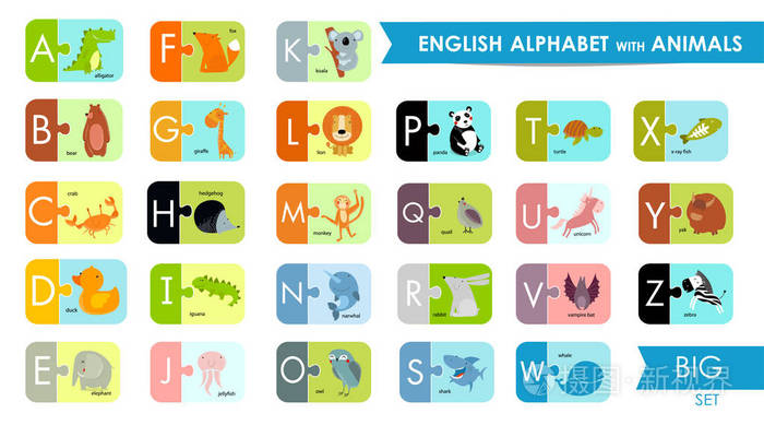 矢量有可爱的小动物的儿童英语字母表