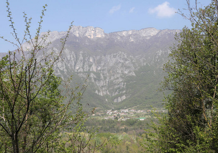 群山耸立在地平线上, 四周绿树成荫。