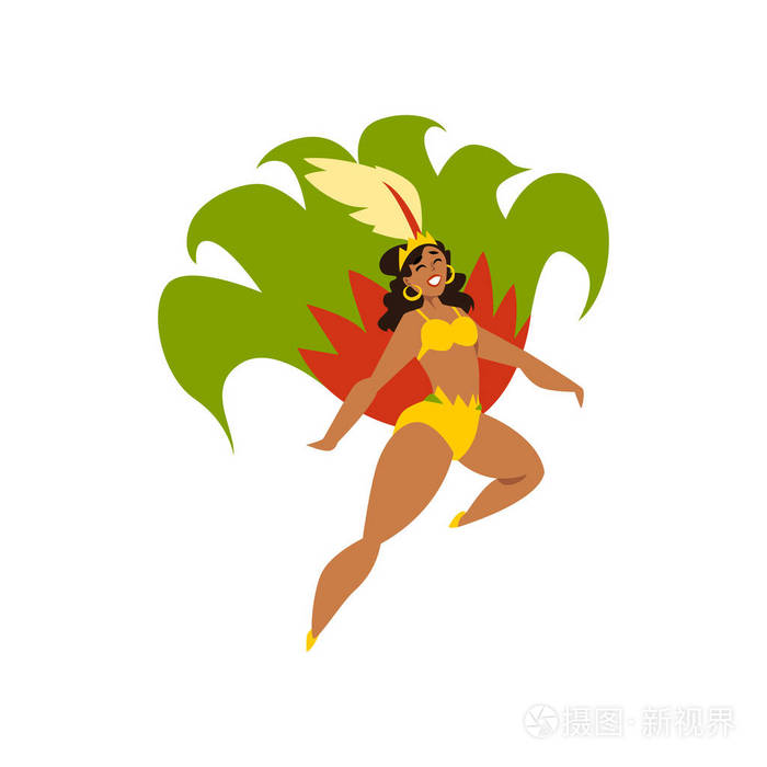 巴西女孩跳舞桑巴, 美丽的女人在明亮的嘉年华服装矢量插图白色背景