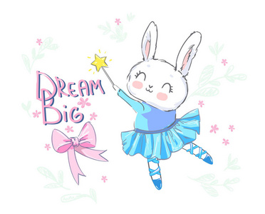 可爱的卡通芭蕾舞演员野兔打印, 矢量插图照片