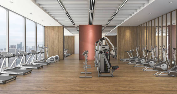 3d 渲染现代木体育馆和健身，美丽的景色