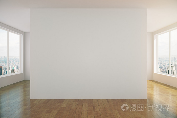 现代阳光空阁楼房间与白色的墙壁和木地板