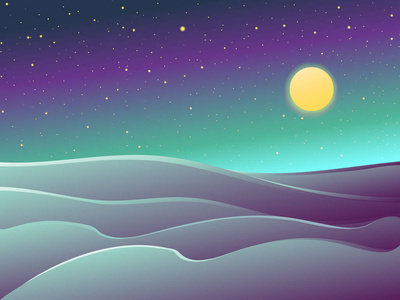 沙漠之夜景观, 沙丘, 星星和满月.深色矢量卡通插画照片