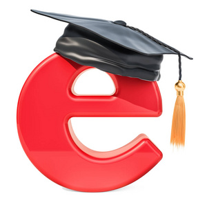 在线教育理念, 字母 e 与毕业帽。在白色背景上隔离3d 渲染