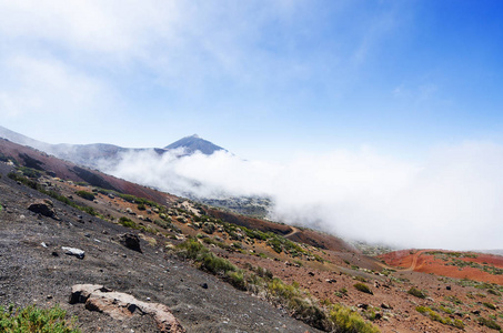 Teide 火山峰在白云中的景色。国家公园, 特内里费岛, 加那利群岛, 西班牙