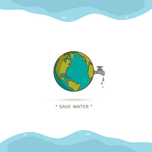 水世界天用手拿水龙头或自来水水龙头与一滴水到地球和保存水文本矢量设计插图