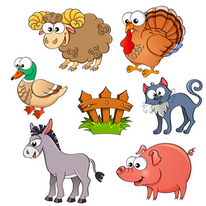 农场栅栏可爱的卡通农场动物的集合.