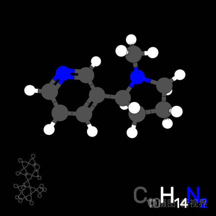 尼古丁分子模型.黑色背景上的孤立.矢量 il