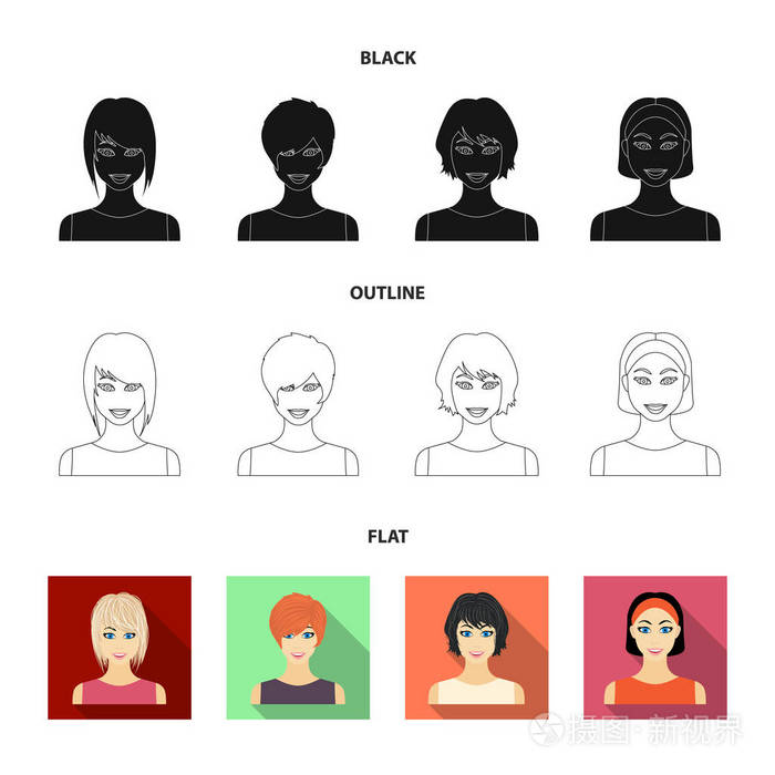 类型的女性发型黑色 扁平 轮廓图标在集合中进行设计 妇女的出现矢量符号股票web 插图插画 正版商用图片0ofa5m 摄图新视界