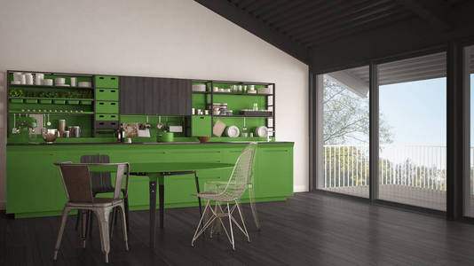 极简主义灰色和绿色木制厨房，大全景窗口