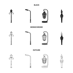 路灯在复古风格, 现代灯笼, 火炬和其他类型的路灯。灯柱集合图标黑色, 单色, 轮廓样式矢量符号股票插画网站
