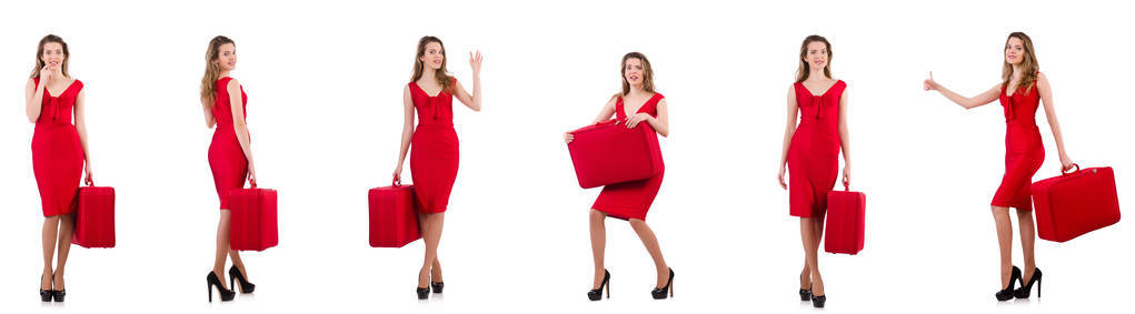 年轻女人穿着红色带上白色孤立的手提箱