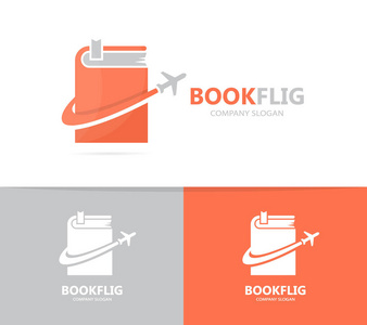向量的书和飞机标志组合。图书馆和旅行的符号或图标。独特的书店和飞行标识设计模板