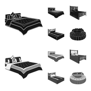 不同的床黑色, 单色图标在集合中进行设计。睡眠矢量等距符号股票 web 插图的家具
