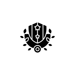 皇家盾和花圈黑色图标的概念。皇家盾和花圈平的载体标志, 标志, 例证