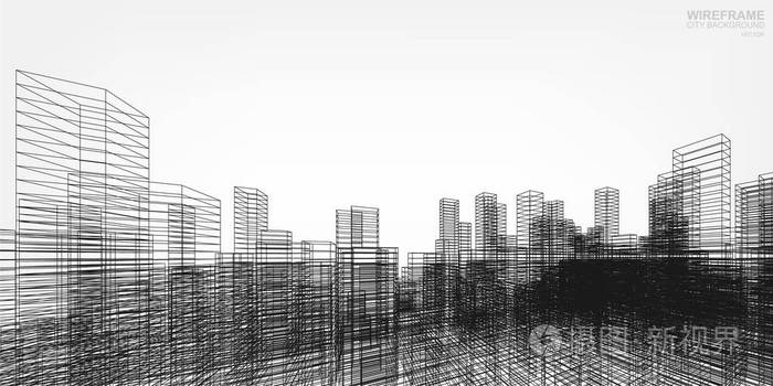透视3d 渲染的建筑线框.矢量线框城市建筑背景