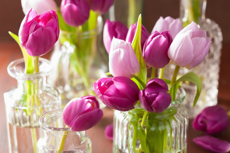美丽的紫色郁金香插在花瓶里的鲜花花束