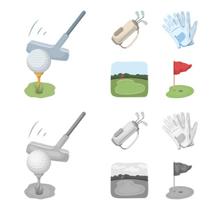 一个带高尔夫球杆的球, 一个带棍子, 手套, 高尔夫球场的袋子。高尔夫俱乐部集合图标在卡通, 单色风格矢量符号股票插画网站