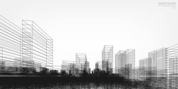 透视3d 渲染的建筑线框。矢量线框城市建筑背景