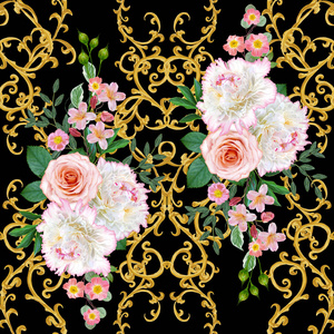 花环, 精致的橙玫瑰花束, 白色牡丹, 明亮的粉红色的花朵。无缝模式。金色质感的卷发。东方风格的花纹。灿烂的花边。镂空编织精致