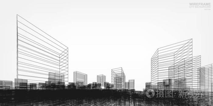 透视3d 渲染的建筑线框.矢量线框城市建筑背景