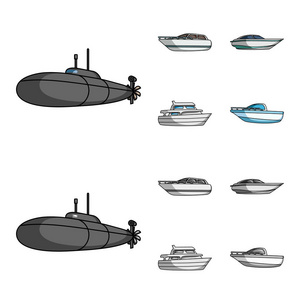 军用潜艇, 快艇, 游艇和精神船船舶和水运集合图标在卡通, 单色风格矢量符号股票插画网站