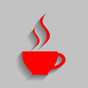 一杯咖啡的标志。矢量。与软阴影在灰色的背景上的红色图标
