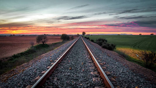 在红色日落背景的田野中间的火车铁轨