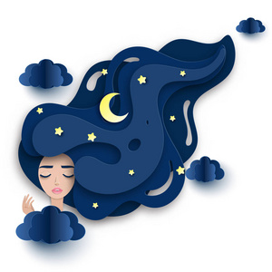 蓬松的纸云, 月亮和星星.美梦的概念.现代数字纸层艺术.折纸风格照片