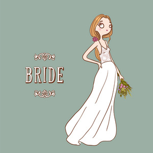 可爱的卡通新娘在白色婚纱礼服与花束的花朵。矢量插图