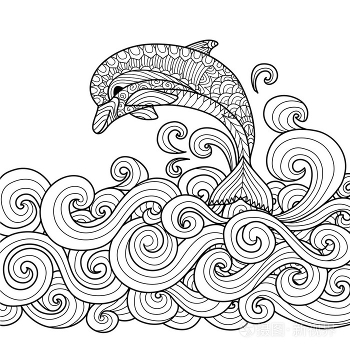 与滚动海浪为着色书成人手绘制的 zentangle 海豚